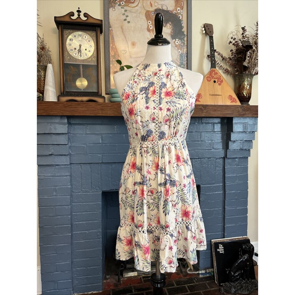 Sunday Mi Amor Size S Floral Halter Open Back Mini Dress Crochet Boho Cottage